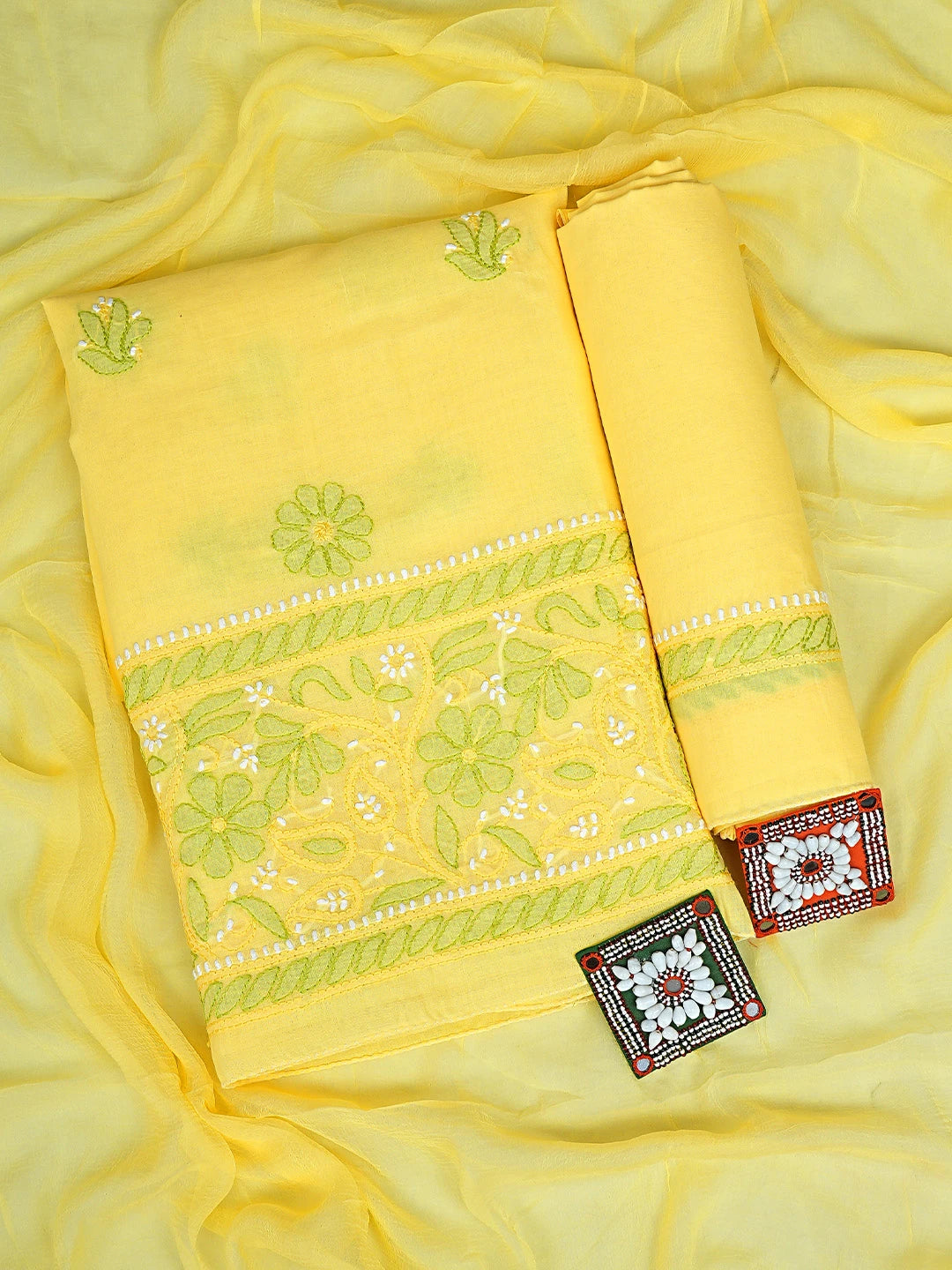 Ada Hand Embroidered Yellow Cotton Lucknowi Chikankari Unstitched Suit Piece with Chiffon Dupatta 01A879479