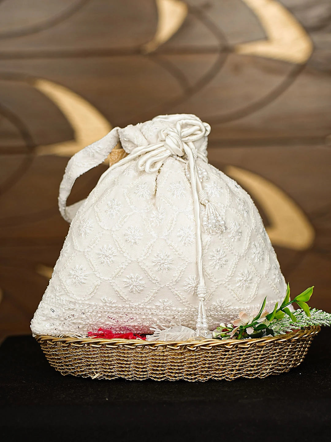 Ada Hand Embroidered White Viscose Georgette Lucknowi Chikankari Potli Bag With Cutdana Work 01A912813