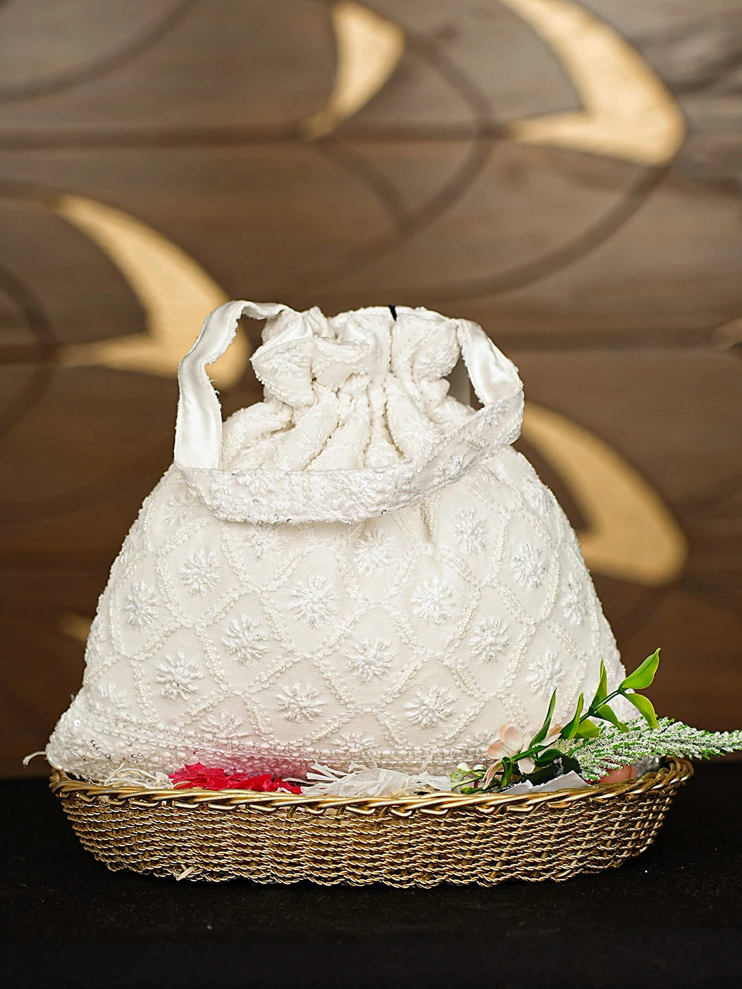 Ada Hand Embroidered White Viscose Georgette Lucknowi Chikankari Potli Bag With Cutdana Work 01A912813