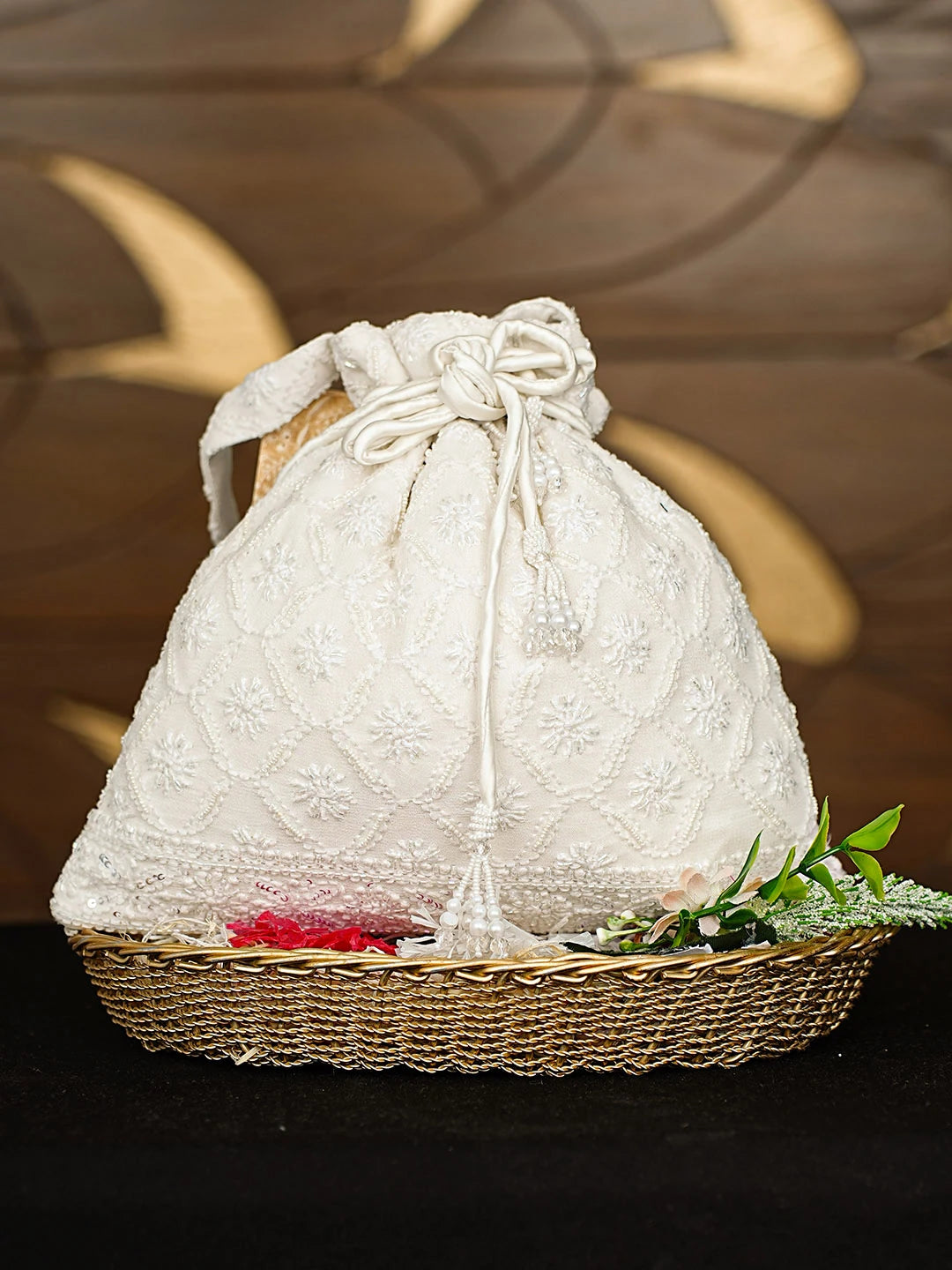 Ada Hand Embroidered White Viscose Georgette Lucknowi Chikankari Potli Bag With Cutdana Work 01A912813
