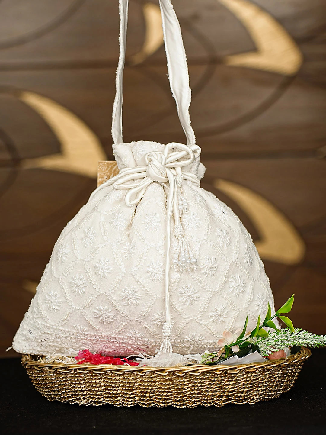 Ada Hand Embroidered White Viscose Georgette Lucknowi Chikankari Potli Bag With Cutdana Work 01A912813