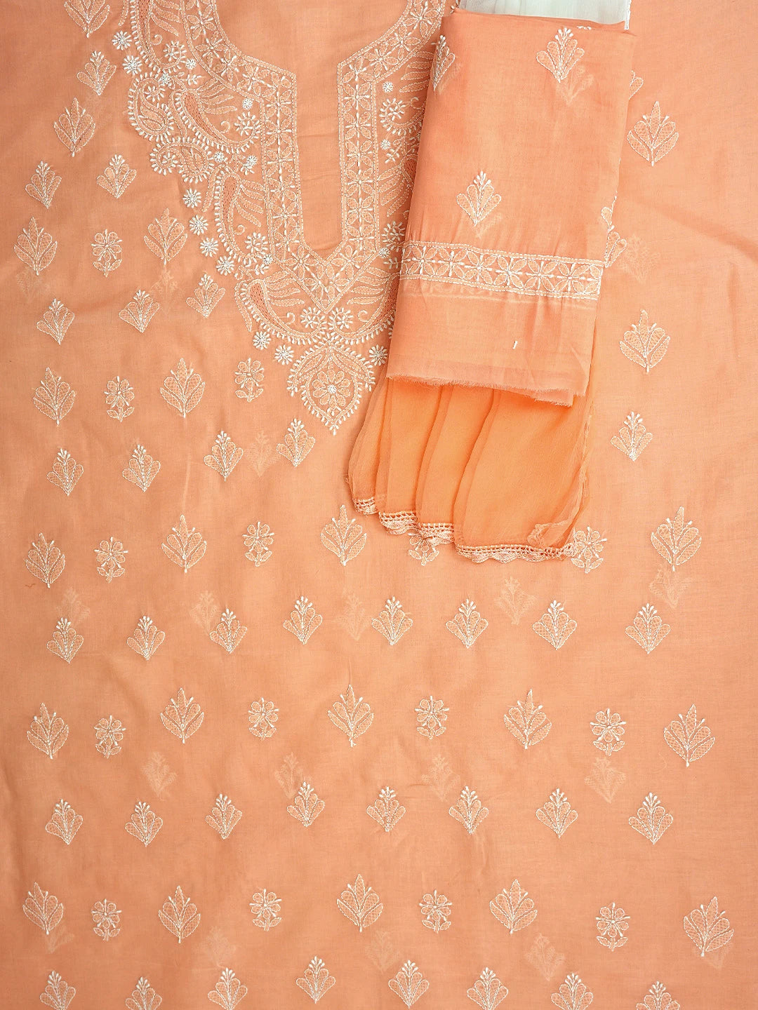 Ada Hand Embroidered Peach Cotton Lucknowi Chikankari Unstitched Suit Piece 01A890751