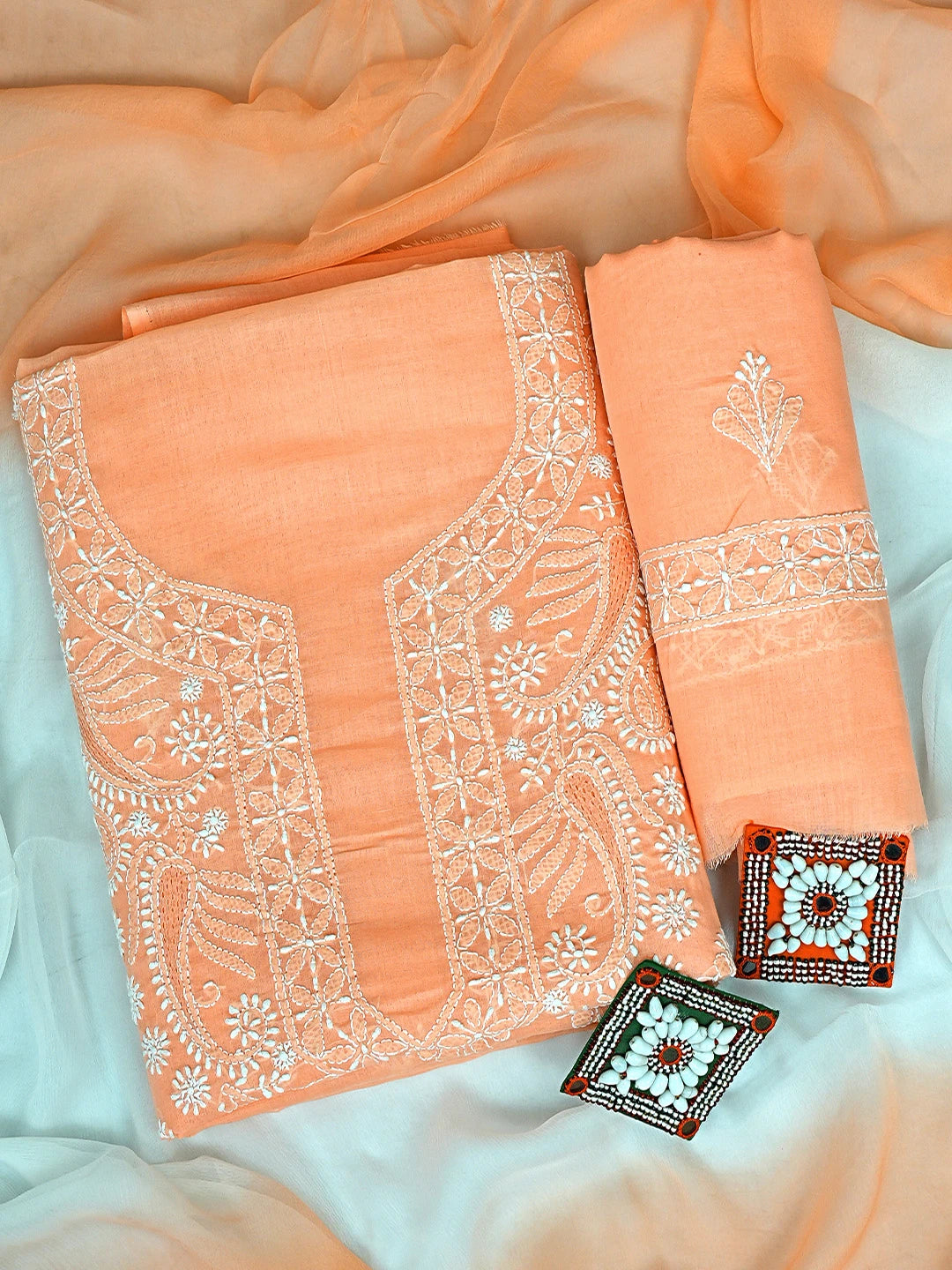Ada Hand Embroidered Peach Cotton Lucknowi Chikankari Unstitched Suit Piece 01A890751