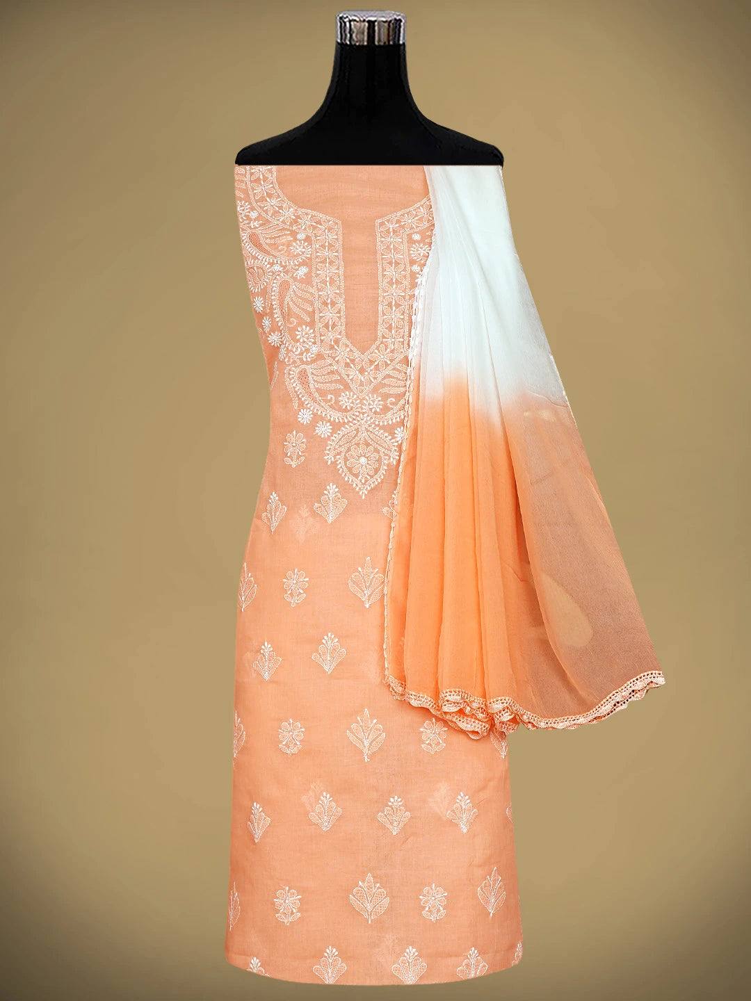 Ada Hand Embroidered Peach Cotton Lucknowi Chikankari Unstitched Suit Piece 01A890751