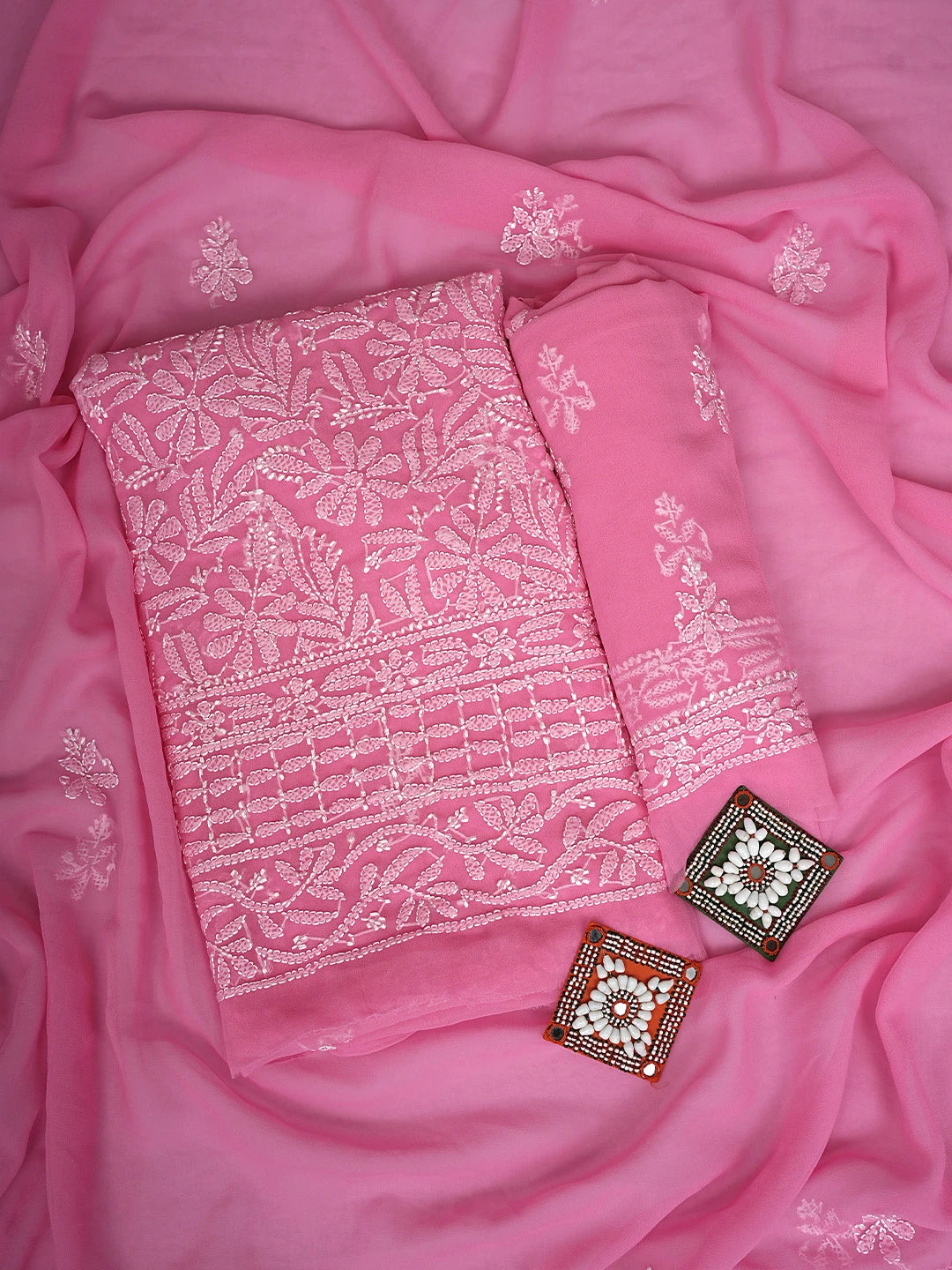 Ada Hand Embroidered  Onion Pink Georgette Lucknowi Chikankari Unstitched Suit Piece 01A916037