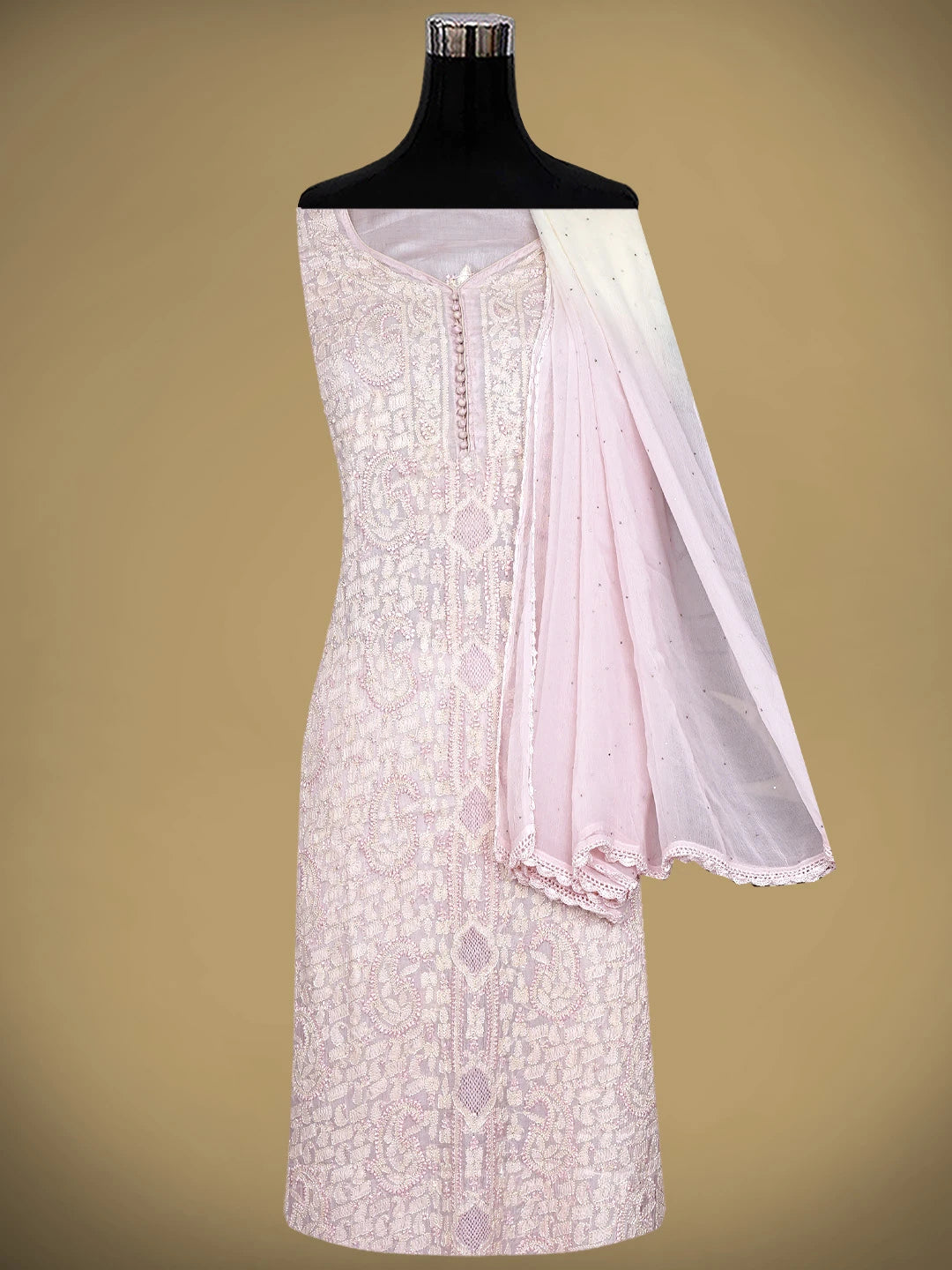 Ada Hand Embroidered Peach Silk Lucknowi Chikankari Semi-stitched Suit Piece with Muqaish Work 01A913108
