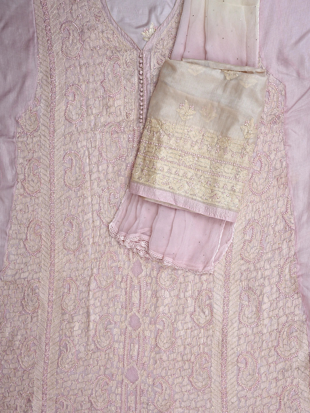 Ada Hand Embroidered Peach Silk Lucknowi Chikankari Semi-stitched Suit Piece with Muqaish Work 01A913108