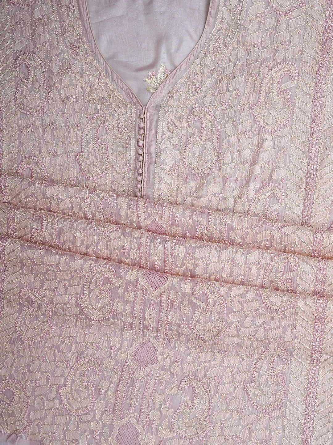 Ada Hand Embroidered Peach Silk Lucknowi Chikankari Semi-stitched Suit Piece with Muqaish Work 01A913108