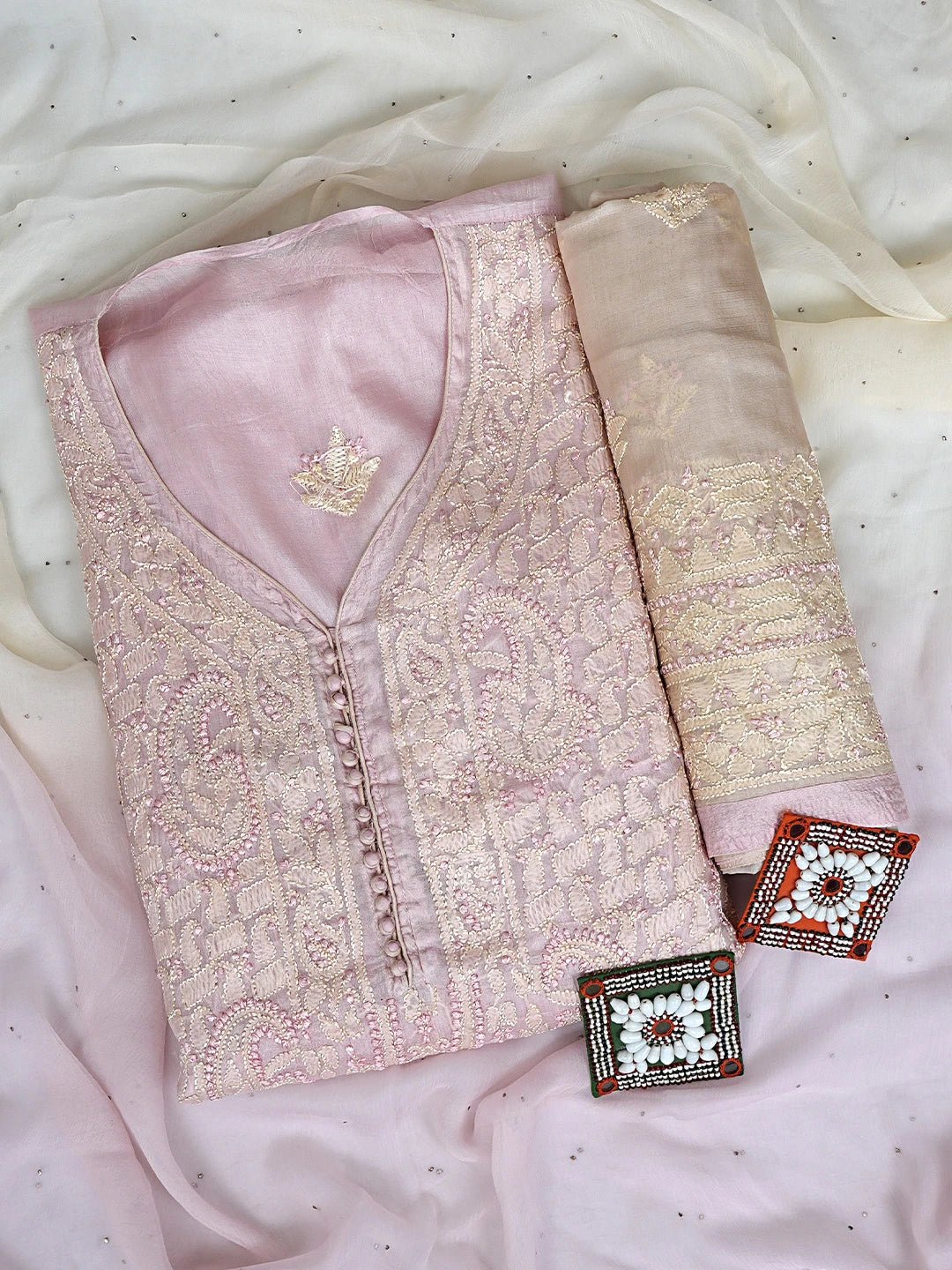 Ada Hand Embroidered Peach Silk Lucknowi Chikankari Semi-stitched Suit Piece with Muqaish Work 01A913108