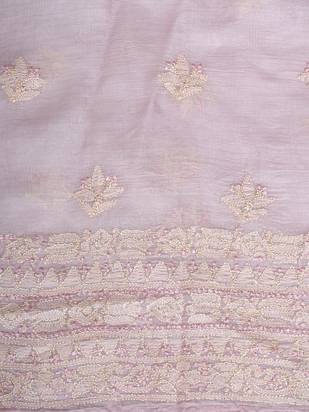 Ada Hand Embroidered Peach Silk Lucknowi Chikankari Semi-stitched Suit Piece with Muqaish Work 01A913108