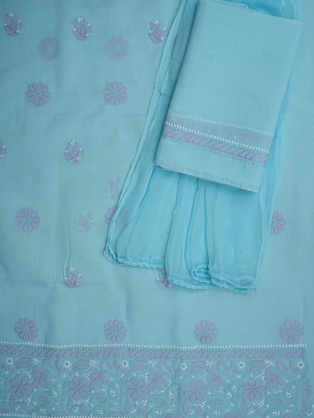 Ada Hand Embroidered Sky Blue Cotton Lucknowi Chikankari Unstitched Suit Piece 01A879492