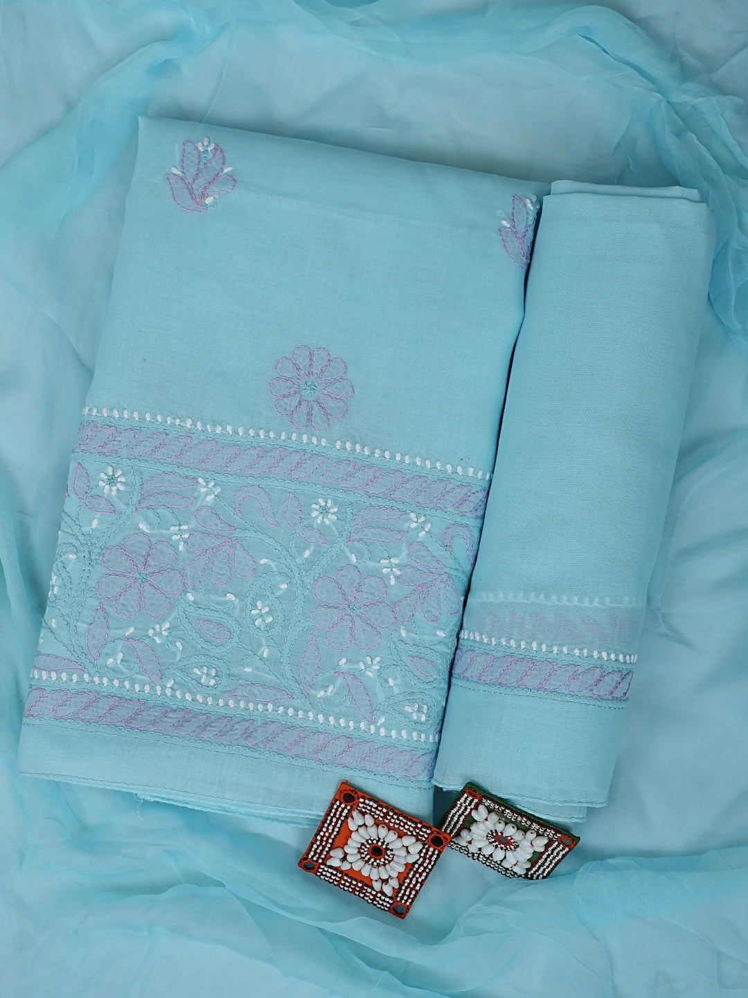 Ada Hand Embroidered Sky Blue Cotton Lucknowi Chikankari Unstitched Suit Piece 01A879492