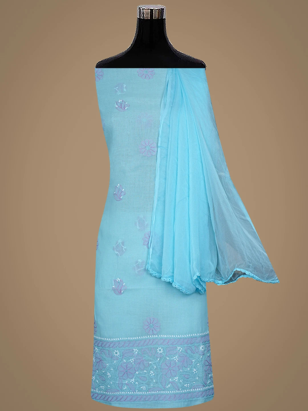 Ada Hand Embroidered Sky Blue Cotton Lucknowi Chikankari Unstitched Suit Piece 01A879492