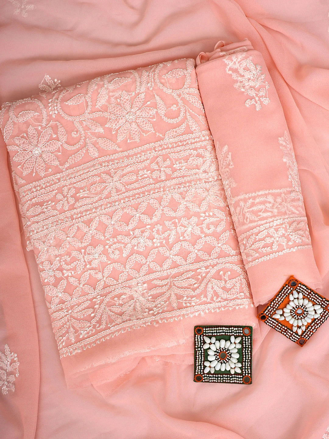 Ada Hand Embroidered Peach Georgette Lucknowi Chikankari Unstitched Suit Piece 01A916039