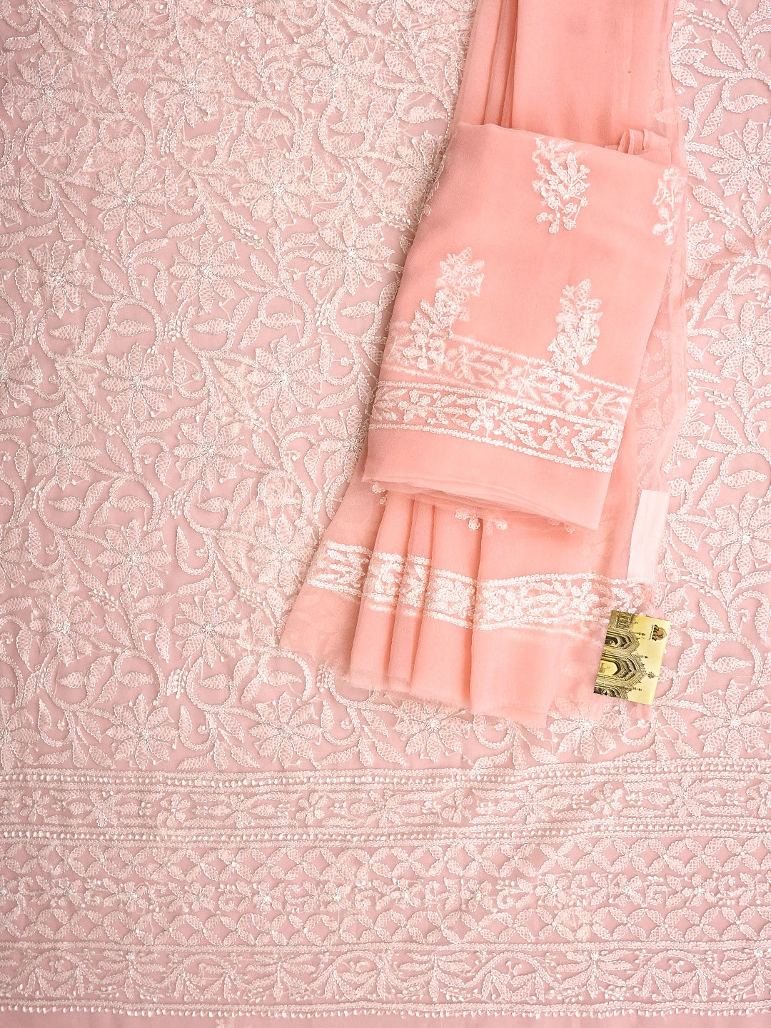 Ada Hand Embroidered Peach Georgette Lucknowi Chikankari Unstitched Suit Piece 01A916039