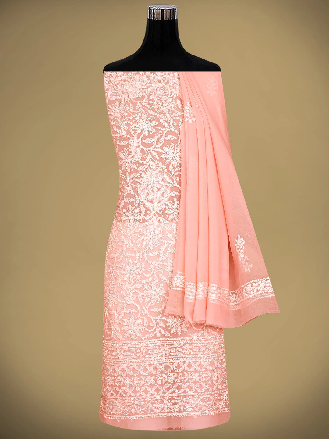 Ada Hand Embroidered Peach Georgette Lucknowi Chikankari Unstitched Suit Piece 01A916039