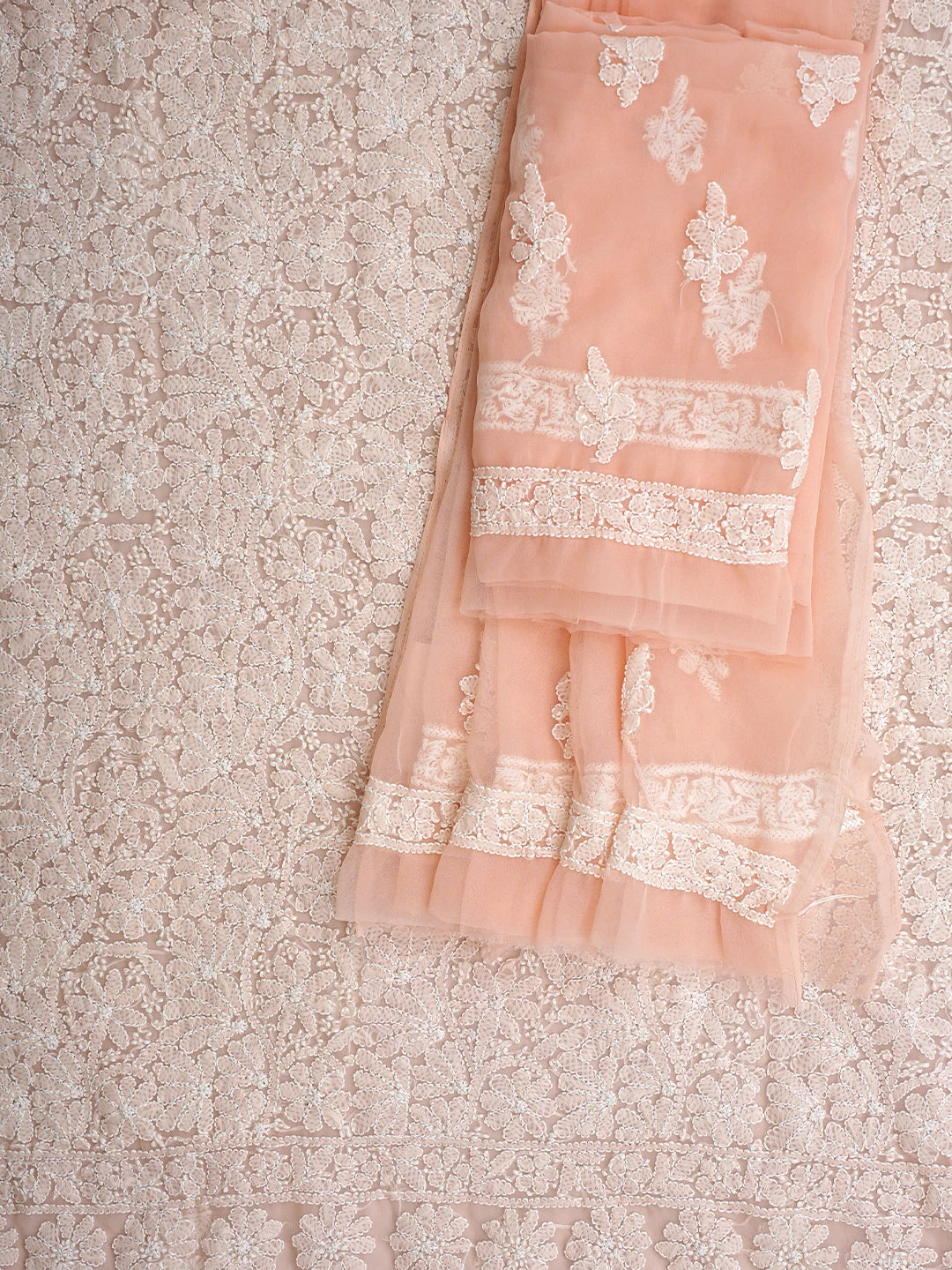 Ada Hand Embroidered Peach Faux Georgette Lucknowi Chikankari Unstitched Suit Piece 01A915212