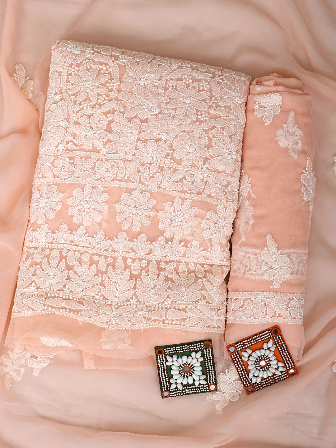 Ada Hand Embroidered Peach Faux Georgette Lucknowi Chikankari Unstitched Suit Piece 01A915212