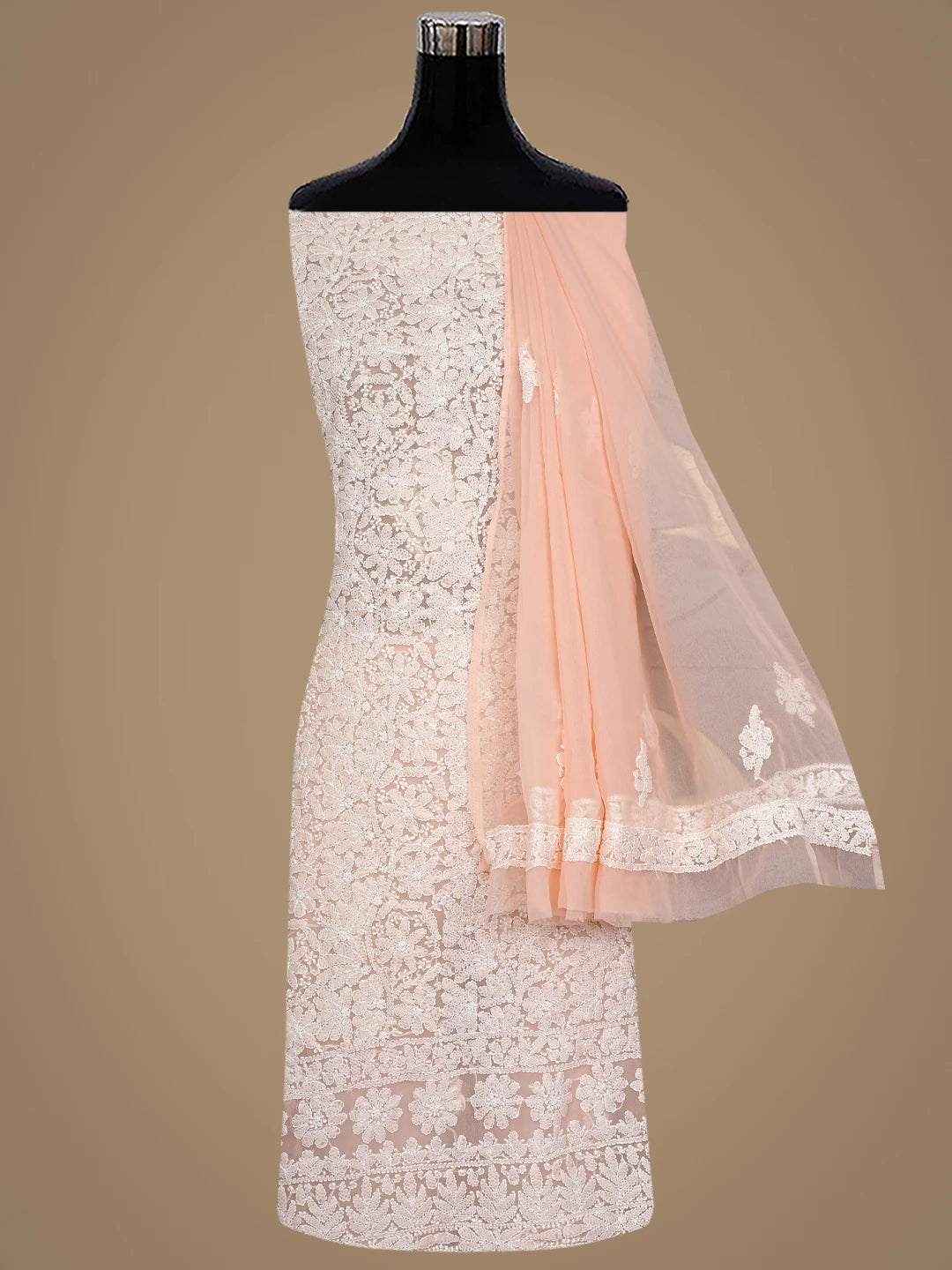 Ada Hand Embroidered Peach Faux Georgette Lucknowi Chikankari Unstitched Suit Piece 01A915212