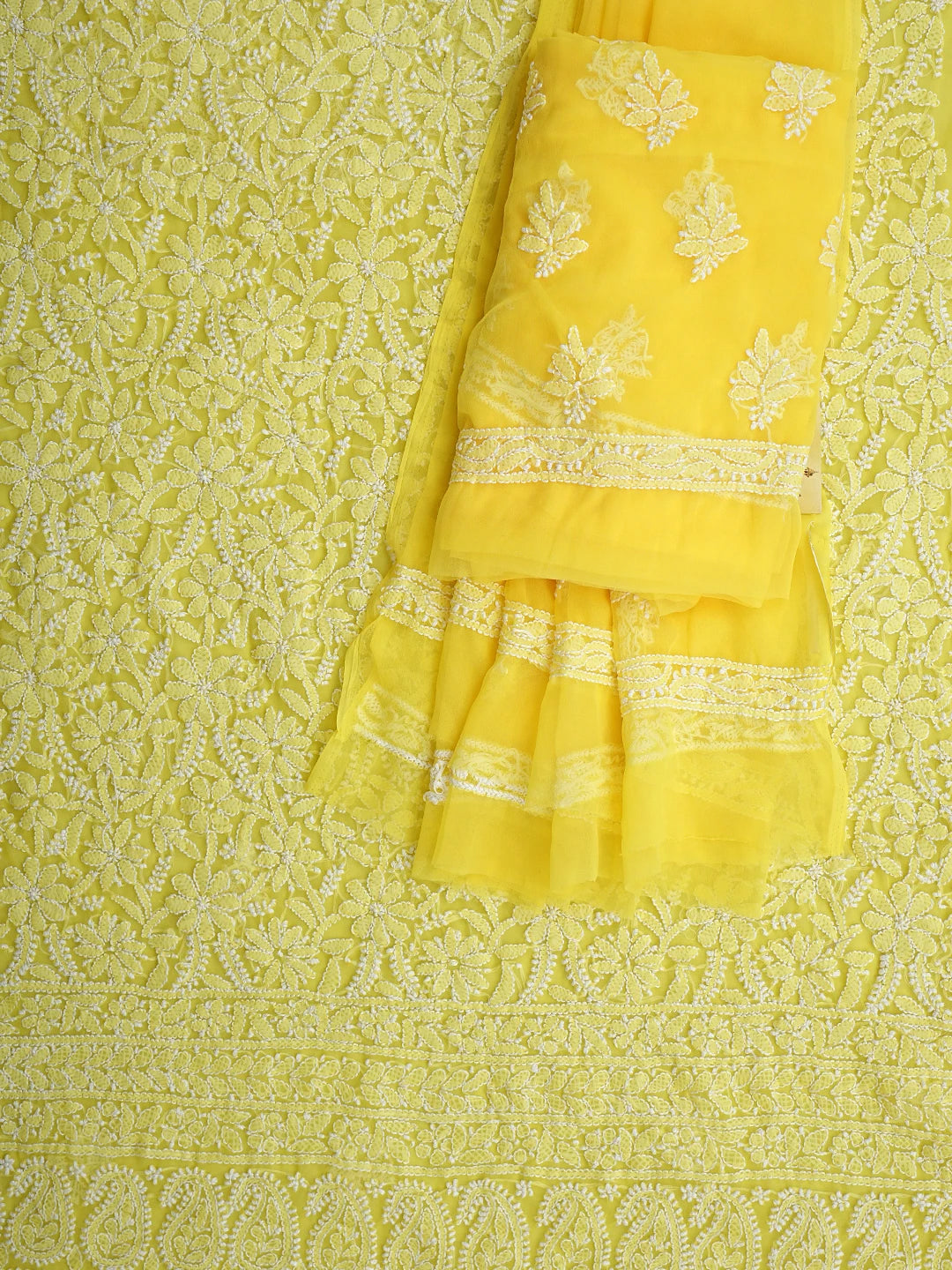 Ada Hand Embroidered Yellow Faux Georgette Lucknowi Chikankari Unstitched Suit Piece 01A915213