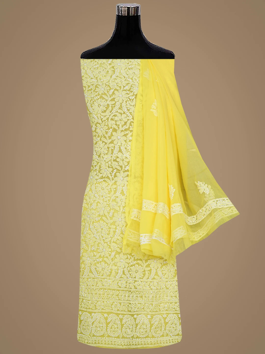 Ada Hand Embroidered Yellow Faux Georgette Lucknowi Chikankari Unstitched Suit Piece 01A915213