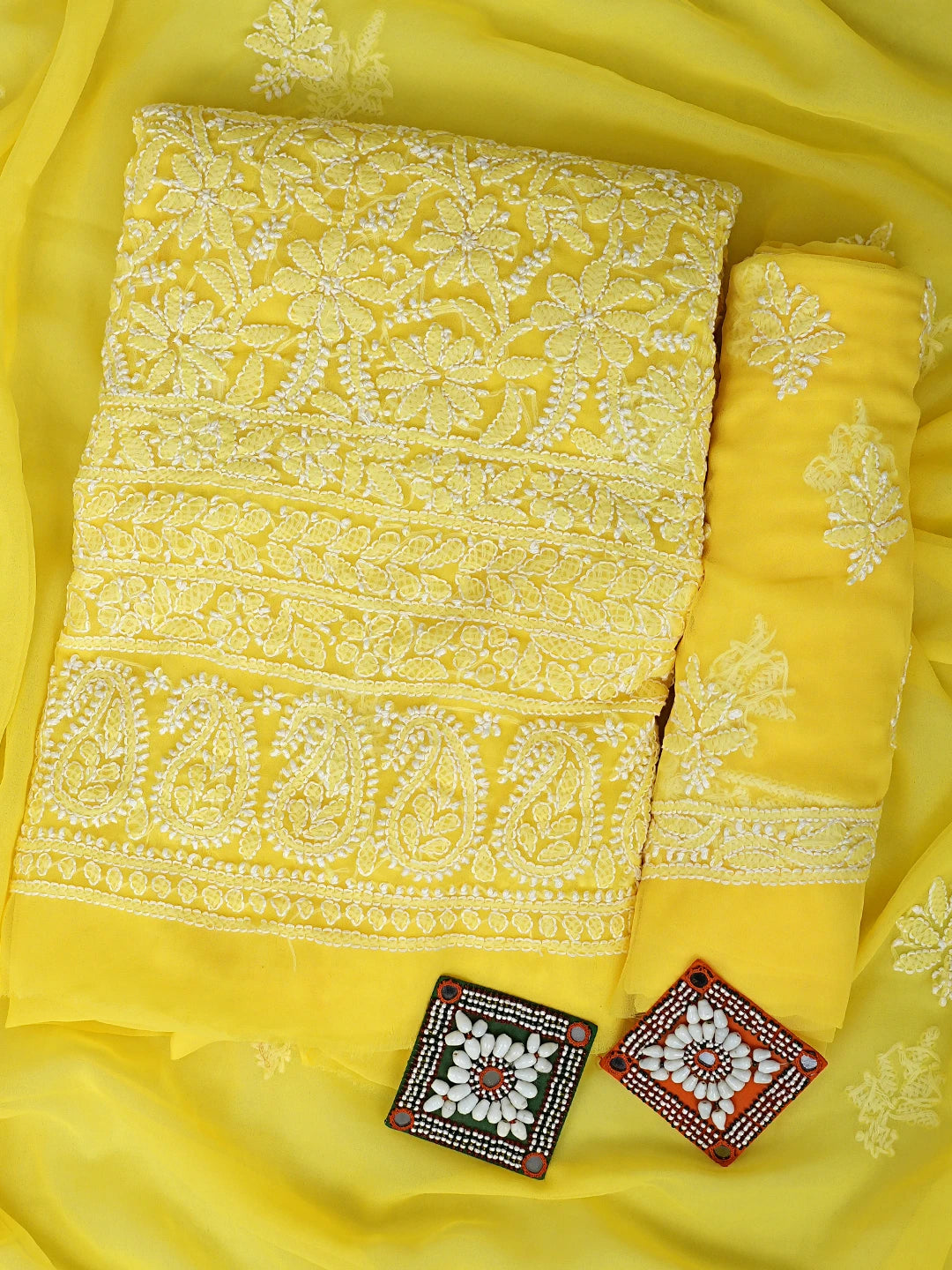 Ada Hand Embroidered Yellow Faux Georgette Lucknowi Chikankari Unstitched Suit Piece 01A915213