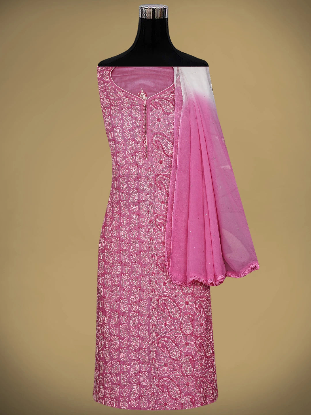 Ada Hand Embroidered Pink Silk Lucknowi Chikankari Semi-stitched Suit Piece with Muqaish Work 01A913101