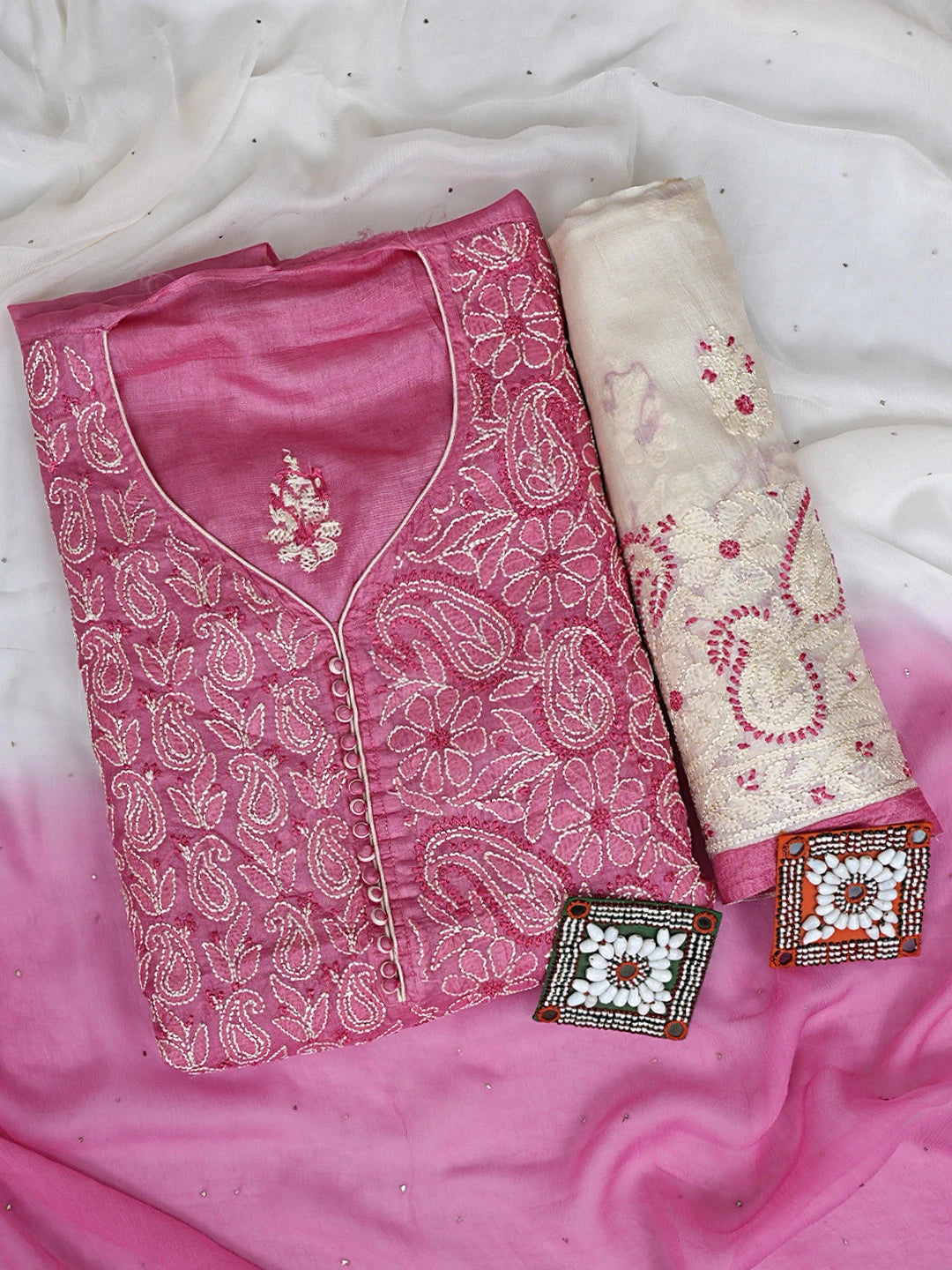 Ada Hand Embroidered Pink Silk Lucknowi Chikankari Semi-stitched Suit Piece with Muqaish Work 01A913101