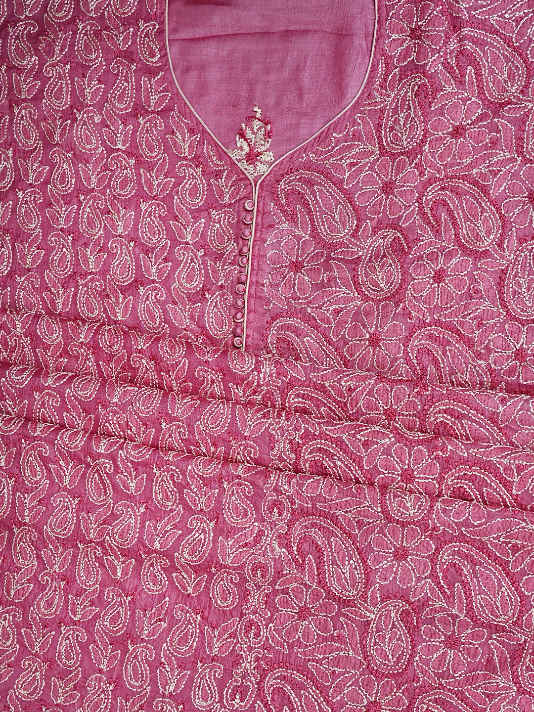 Ada Hand Embroidered Pink Silk Lucknowi Chikankari Semi-stitched Suit Piece with Muqaish Work 01A913101
