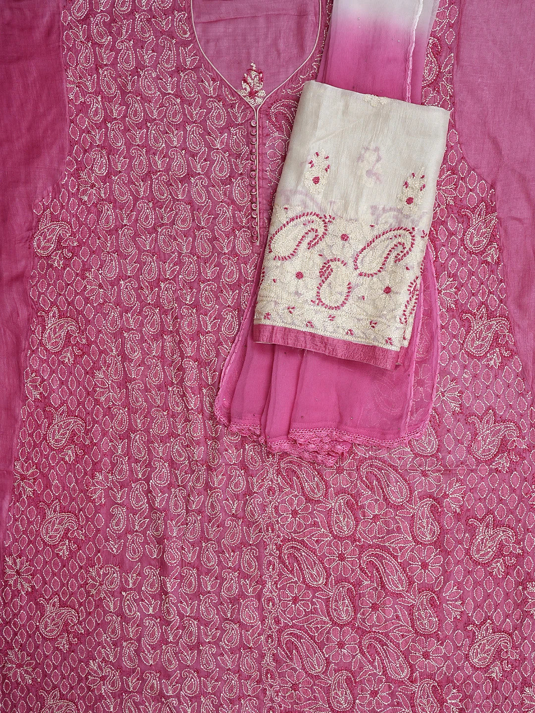 Ada Hand Embroidered Pink Silk Lucknowi Chikankari Semi-stitched Suit Piece with Muqaish Work 01A913101