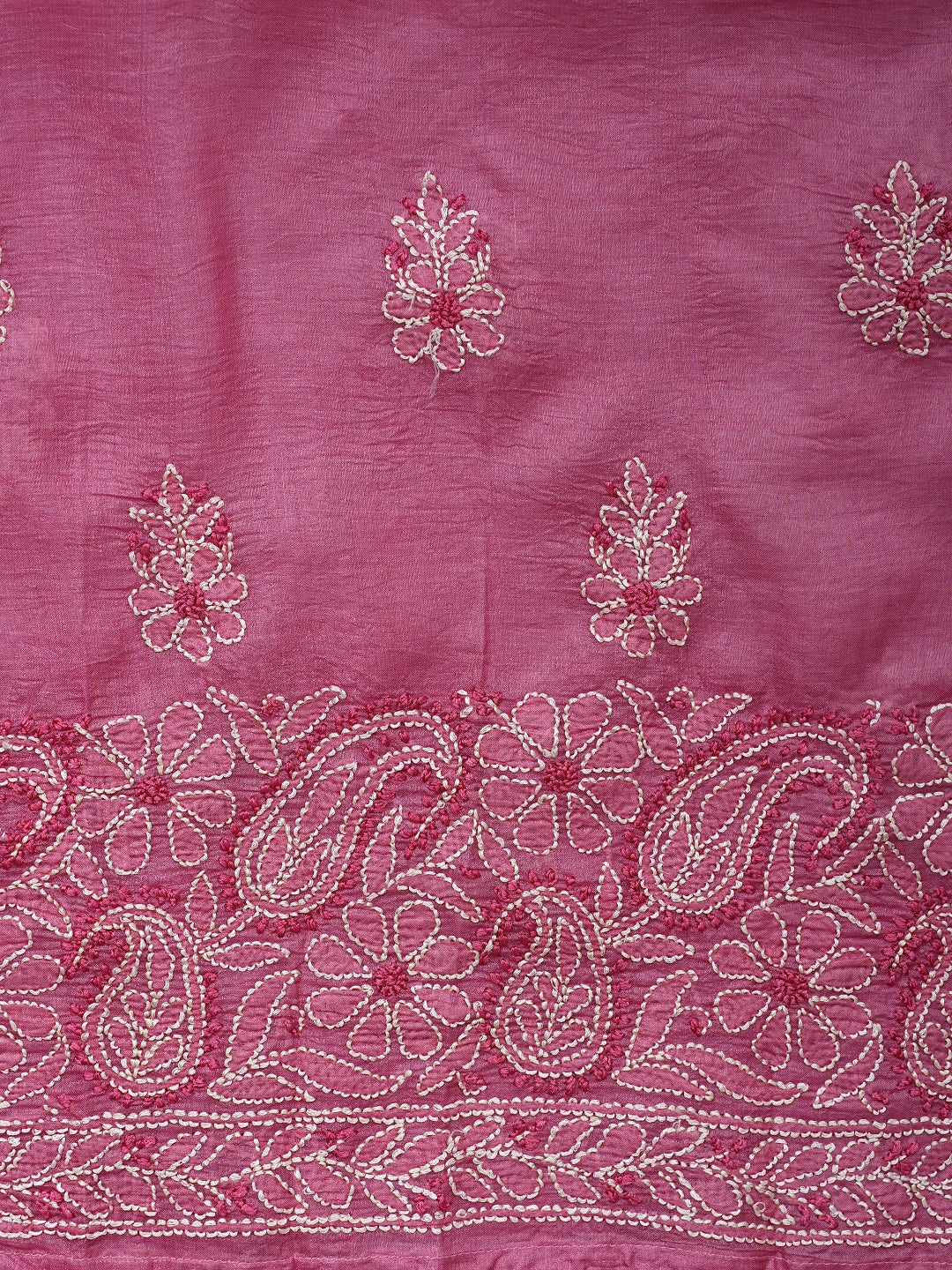 Ada Hand Embroidered Pink Silk Lucknowi Chikankari Semi-stitched Suit Piece with Muqaish Work 01A913101