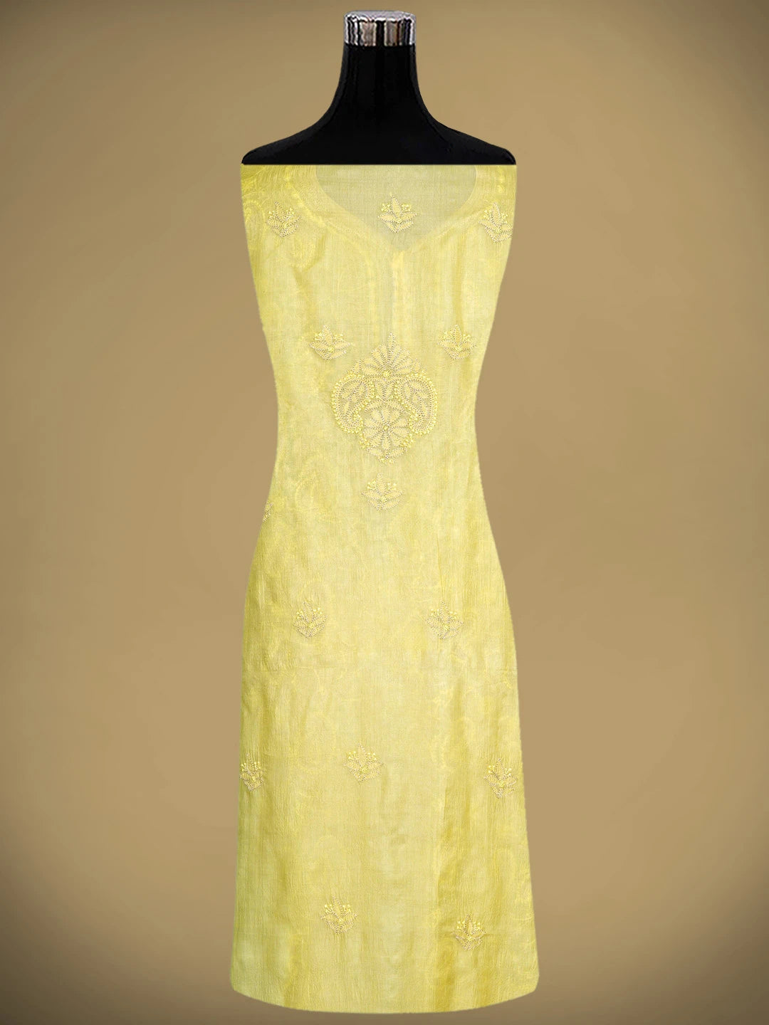 Ada Hand Embroidered Lemon Silk Lucknowi Chikankari Semi-stitched Suit Piece with Muqaish Work 01A913080
