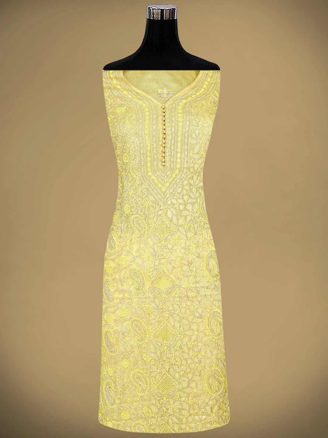 Ada Hand Embroidered Lemon Silk Lucknowi Chikankari Semi-stitched Suit Piece with Muqaish Work 01A913080