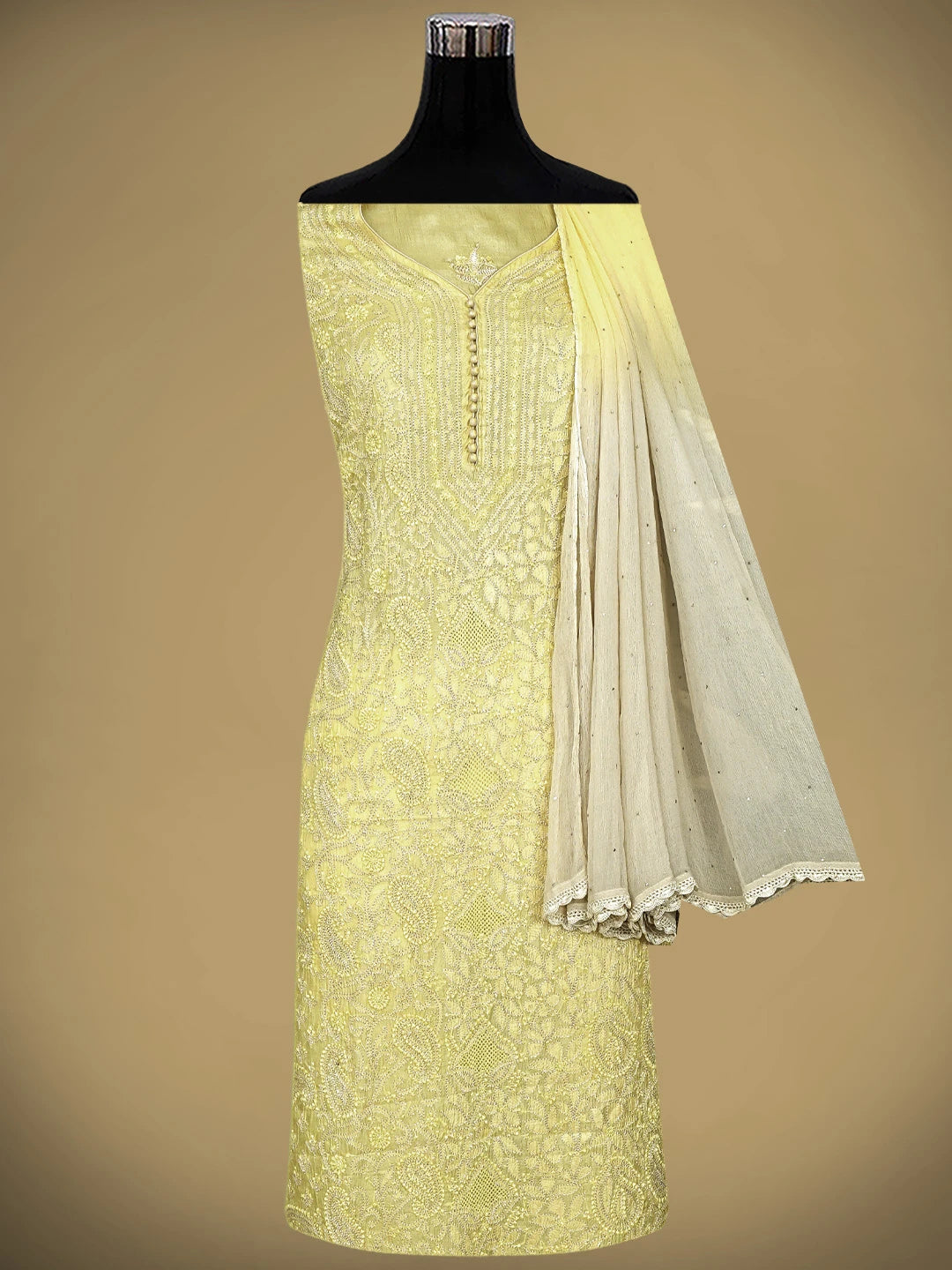 Ada Hand Embroidered Lemon Silk Lucknowi Chikankari Semi-stitched Suit Piece with Muqaish Work 01A913080