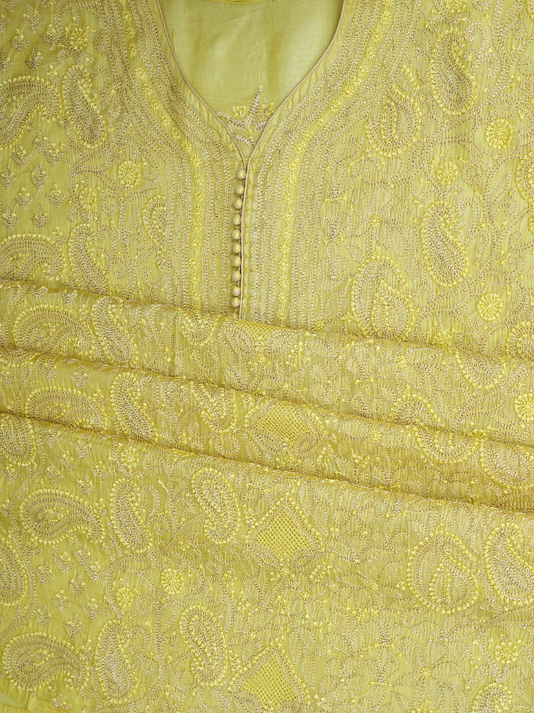 Ada Hand Embroidered Lemon Silk Lucknowi Chikankari Semi-stitched Suit Piece with Muqaish Work 01A913080