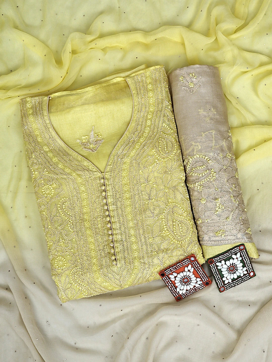 Ada Hand Embroidered Lemon Silk Lucknowi Chikankari Semi-stitched Suit Piece with Muqaish Work 01A913080