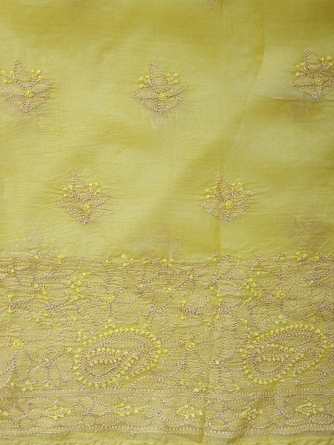 Ada Hand Embroidered Lemon Silk Lucknowi Chikankari Semi-stitched Suit Piece with Muqaish Work 01A913080