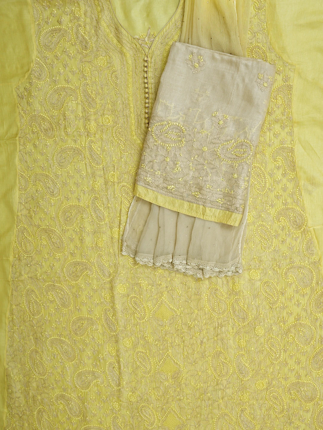 Ada Hand Embroidered Lemon Silk Lucknowi Chikankari Semi-stitched Suit Piece with Muqaish Work 01A913080