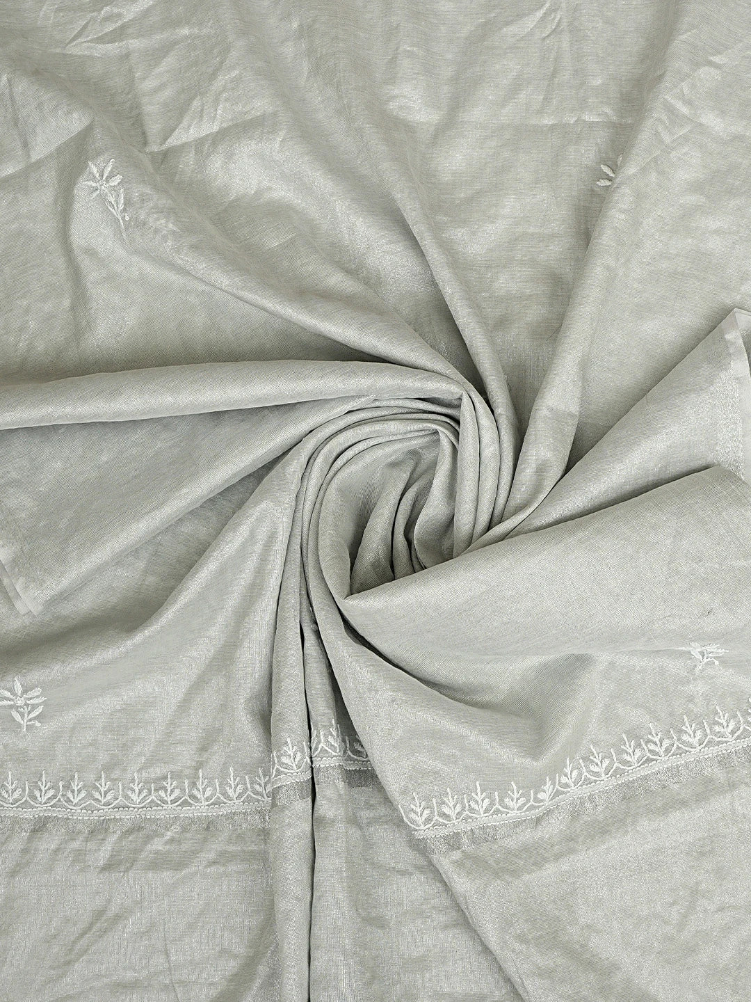 Ada Hand Embroidered Silver Grey Tissue Lucknowi Chikankari Unstitched Kurta Dupatta Set 01A810673