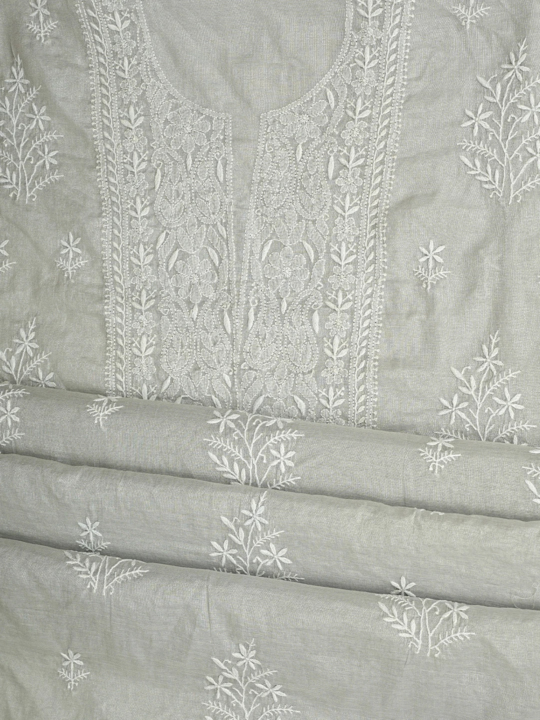 Ada Hand Embroidered Silver Grey Tissue Lucknowi Chikankari Unstitched Kurta Dupatta Set 01A810673