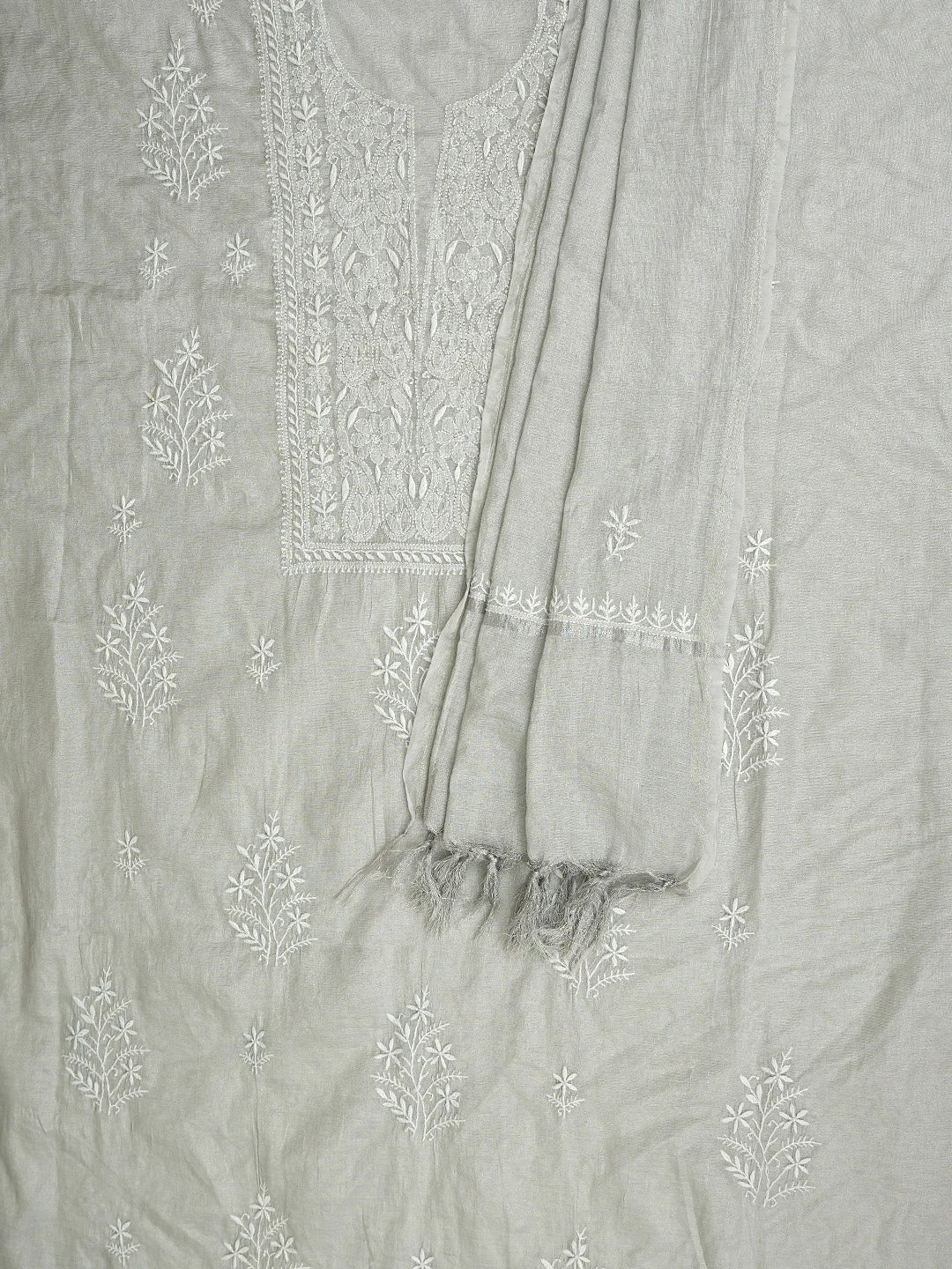 Ada Hand Embroidered Silver Grey Tissue Lucknowi Chikankari Unstitched Kurta Dupatta Set 01A810673
