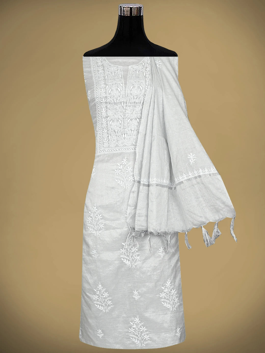 Ada Hand Embroidered Silver Grey Tissue Lucknowi Chikankari Unstitched Kurta Dupatta Set 01A810673