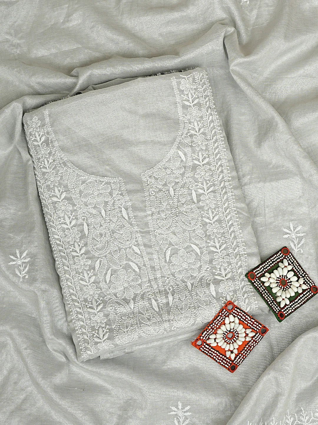 Ada Hand Embroidered Silver Grey Tissue Lucknowi Chikankari Unstitched Kurta Dupatta Set 01A810673