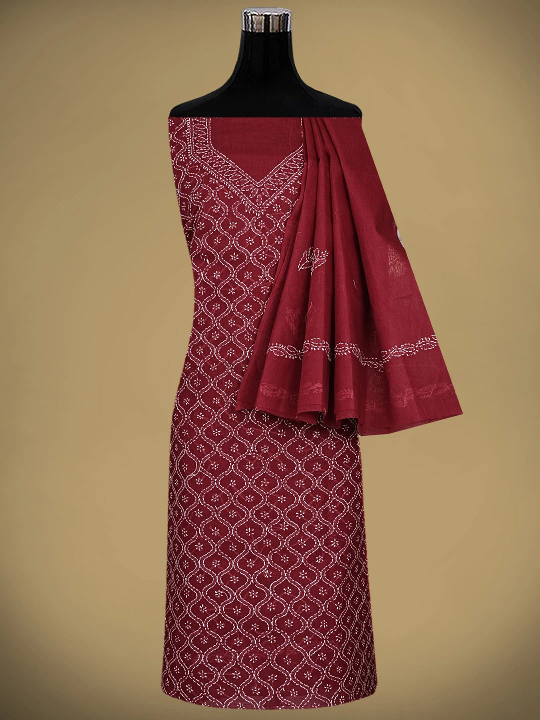 Ada Hand Embroidered Maroon Cotton Lucknowi Chikankari Unstitched Suit Piece 01A887916