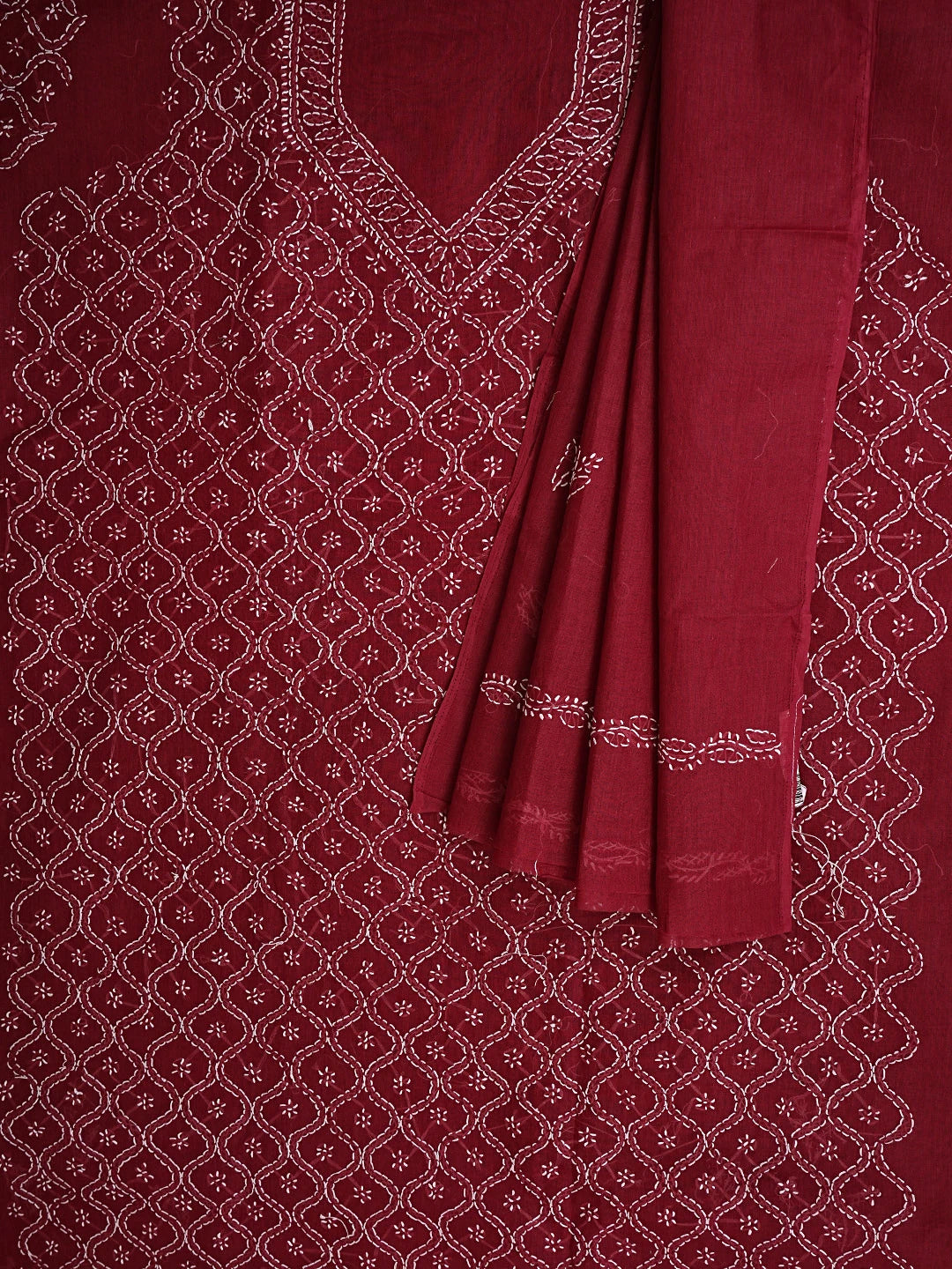 Ada Hand Embroidered Maroon Cotton Lucknowi Chikankari Unstitched Suit Piece 01A887916