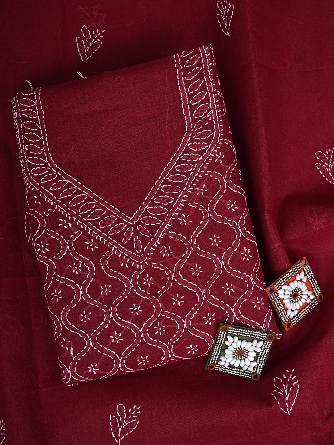 Ada Hand Embroidered Maroon Cotton Lucknowi Chikankari Unstitched Suit Piece 01A887916