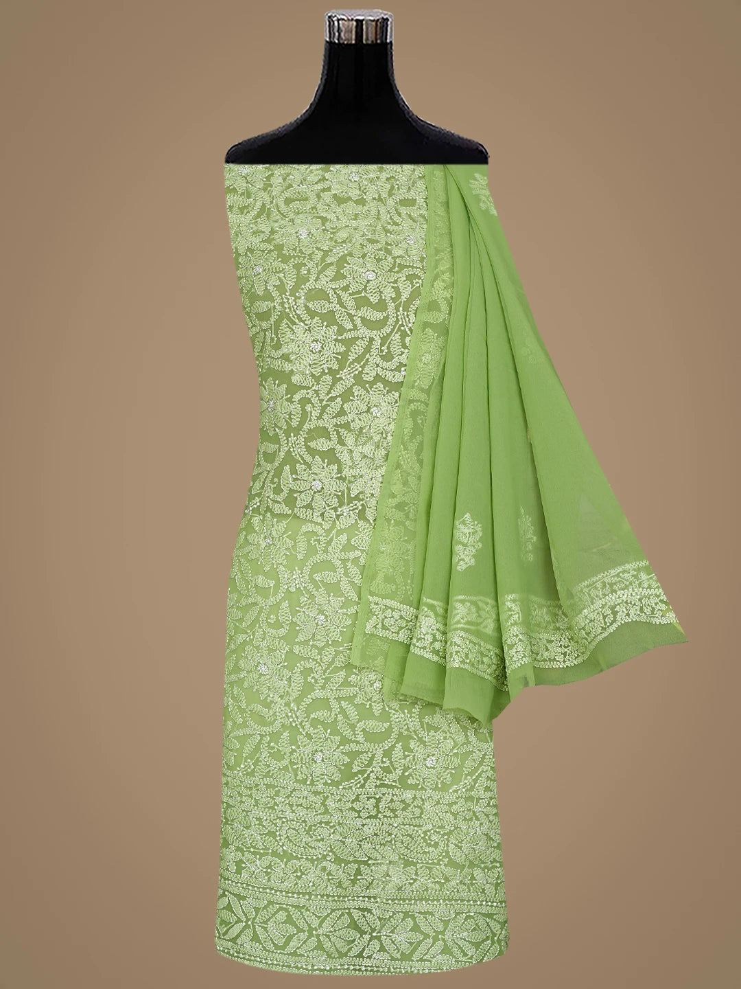Ada Hand Embroidered Green Faux Georgette Lucknowi Chikankari Unstitched Suit Piece 01A907714