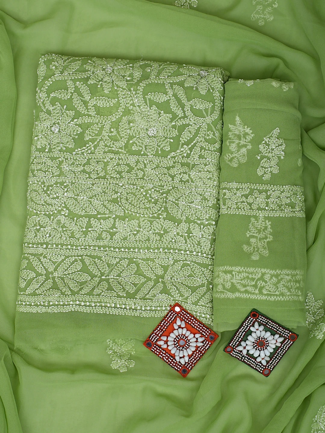 Ada Hand Embroidered Green Faux Georgette Lucknowi Chikankari Unstitched Suit Piece 01A907714