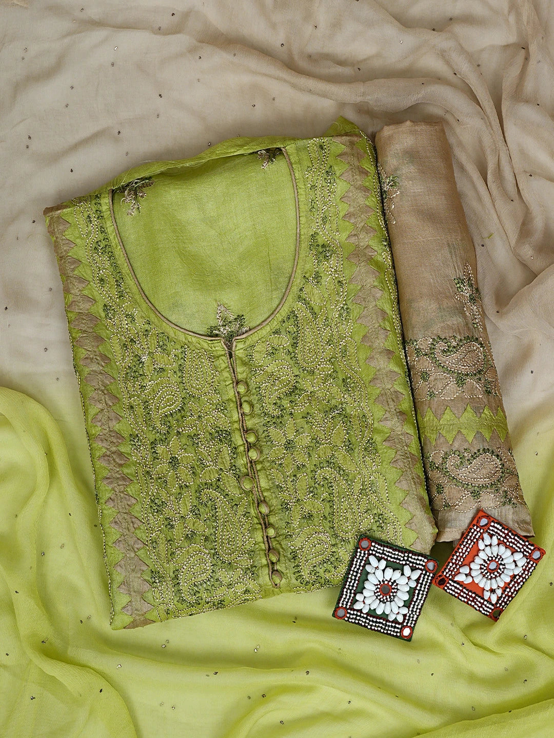 Ada Hand Embroidered Green Faux Georgette Lucknowi Chikankari Unstitched Suit Piece 01A907714