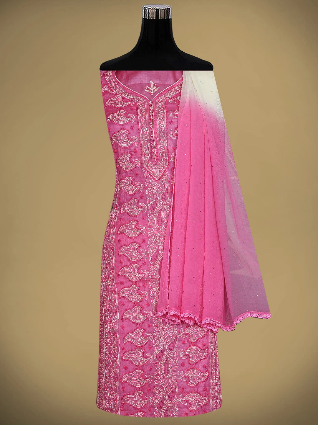Ada Hand Embroidered Pink Silk Lucknowi Chikankari Semi-stitched Suit Piece with Muqaish Work 01A913102